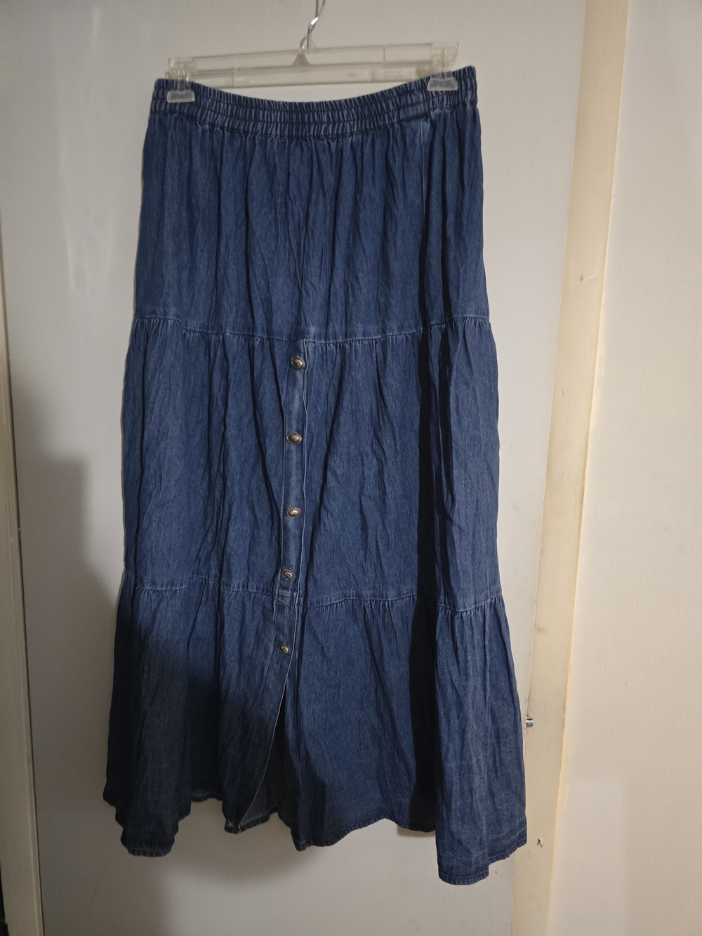 Denim-Style Blue Tiered Maxi Skirt with Front Buttons